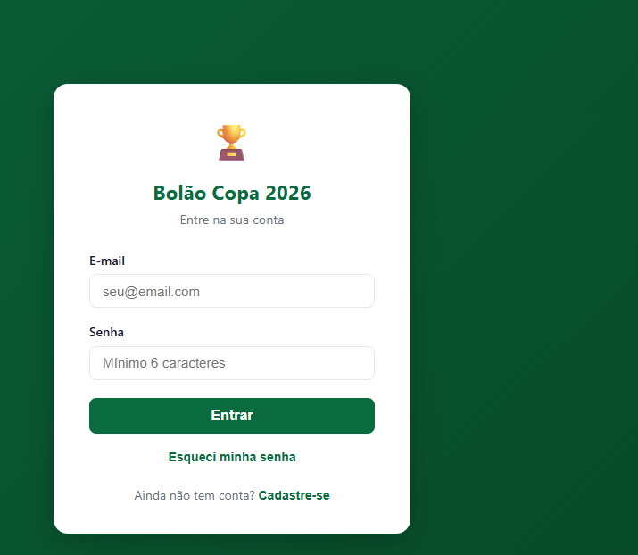 Tela de acesso do sistema de bolão esportivo Bolão Copa 2026